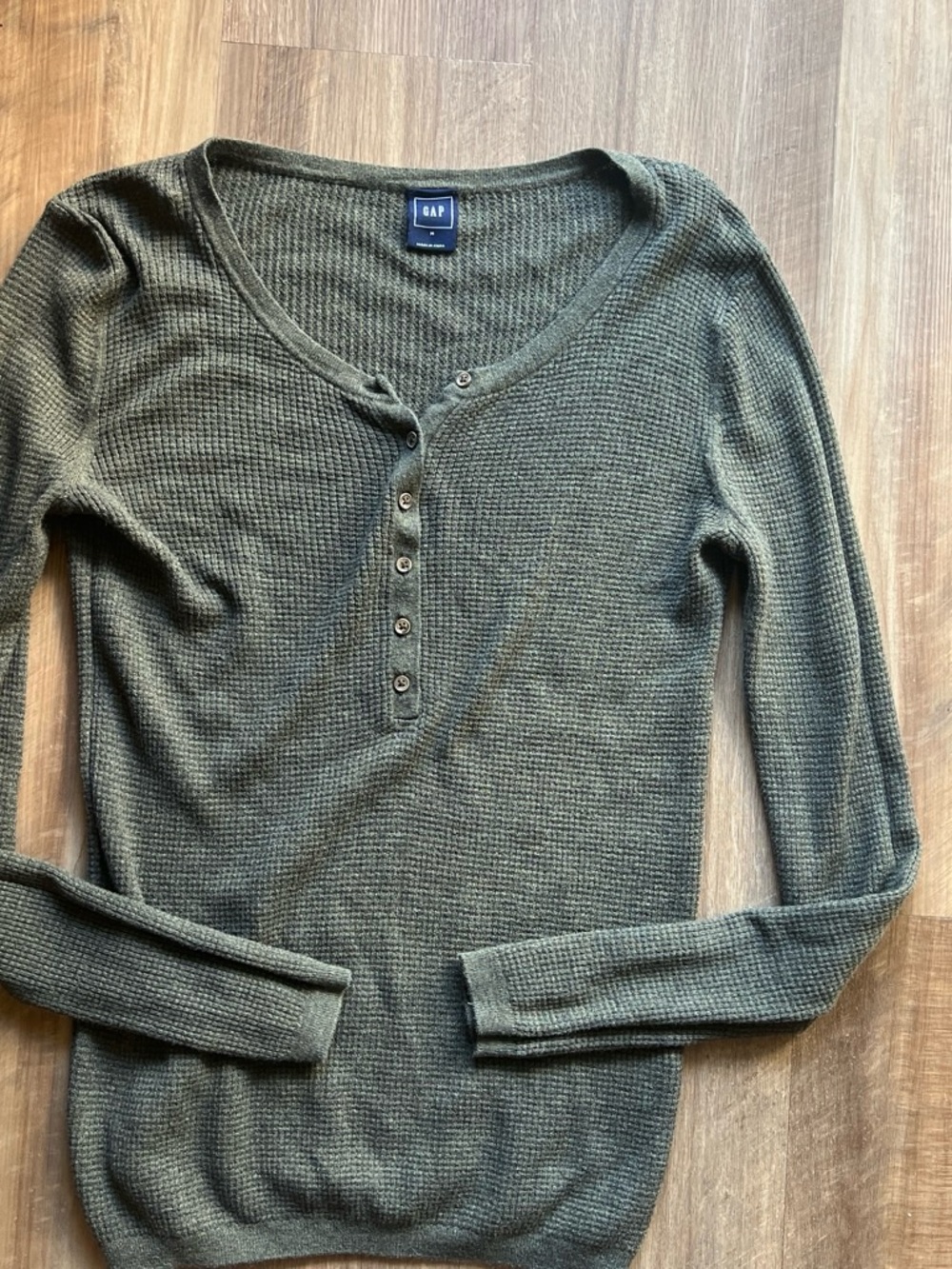 GAP Olive Green Waffle Henley Long Sleeve Top